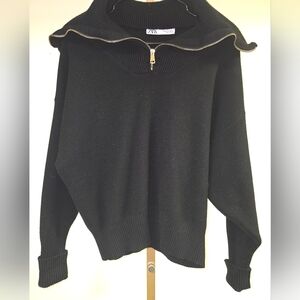Zara Oversized Soft Half-Zip Black Batwing Turtleneck Sweater